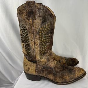 Frye Distressed Brown Studded Leather Heeled Cowboy Boots